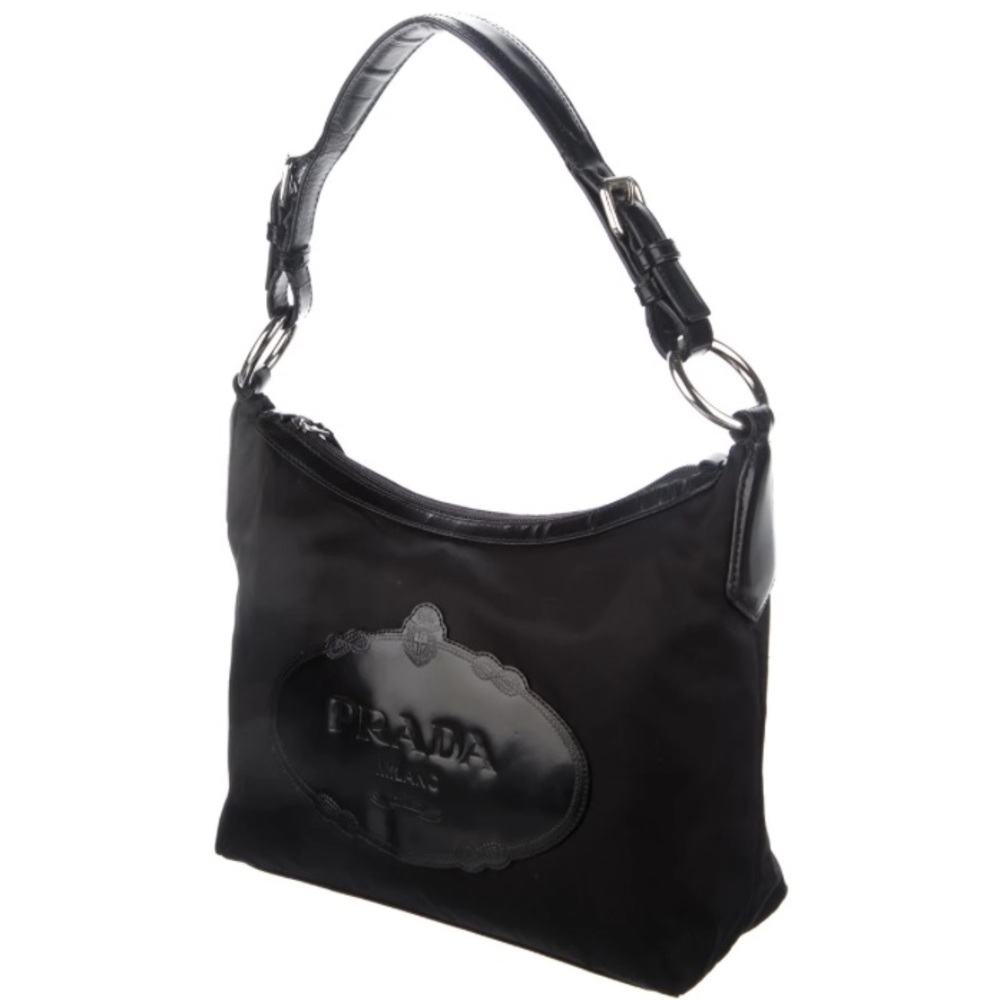 Prada black logo medium tessuto hobo purse handbag bag